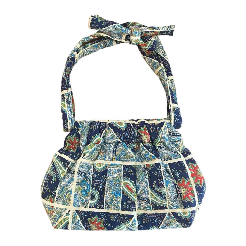 Vintage Bohemian Quilt Shoulder Bag Crossbody Handmade Wood Clasps Blue Paisley